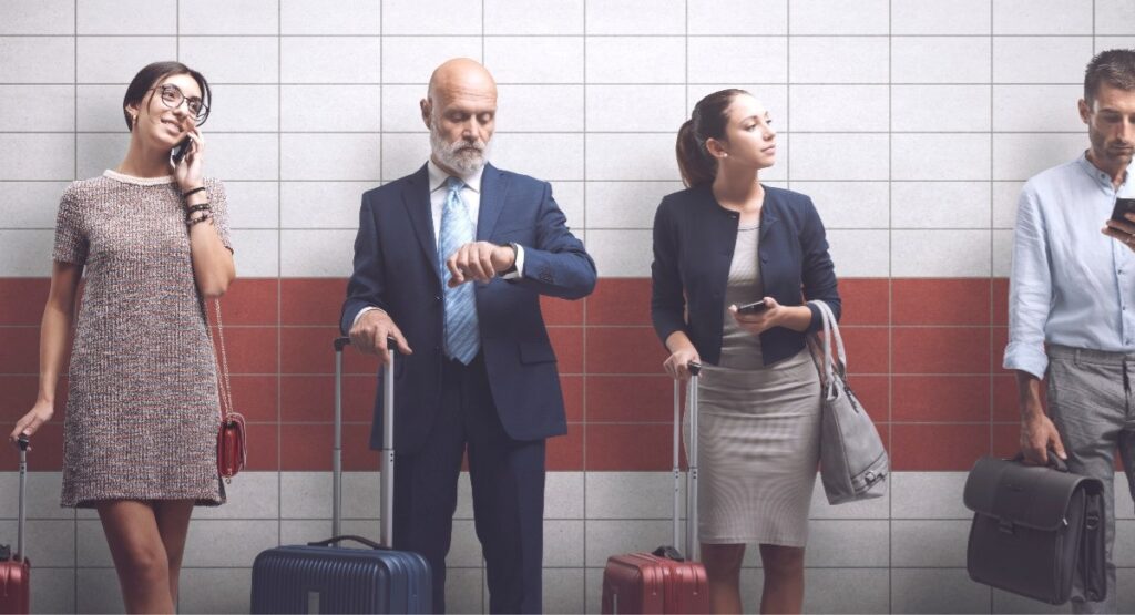 Business travelers waiting with luggage, checking phones and watches