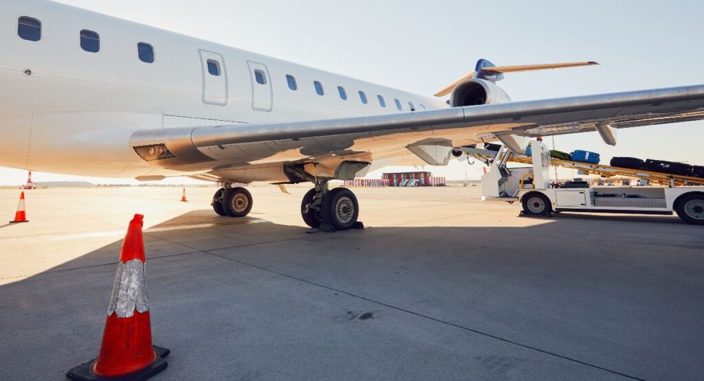 White private charter jet parked on airport apron with ground support equipment, empty leg flights depart from fixed-base operators across the USA