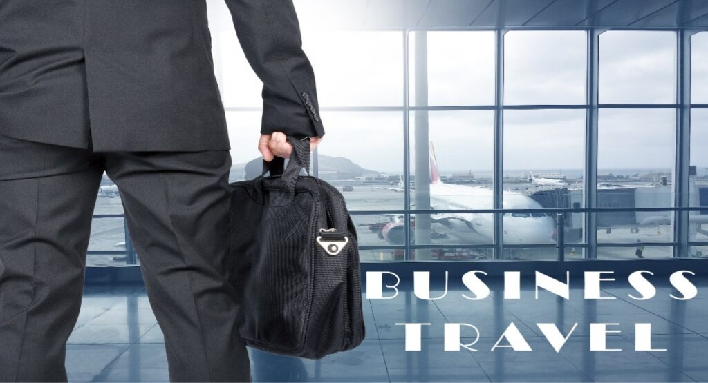 A business traveler in a suit carrying a briefcase inside an airport terminal with a plane visible through the window